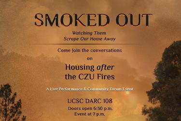 Poster for Smoked Out - event information over background photo of forest fire and smoke