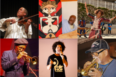 Collaged image of event speakers showing them playing music, rapping and dancing