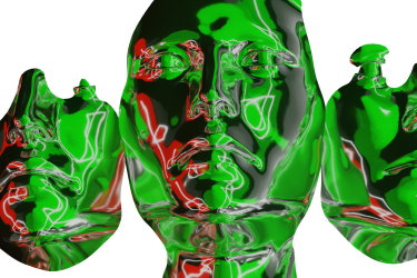 Three mask-like 3D-modeled faces side by side, with eyes closed and frowning, in green, silver and red shining finish