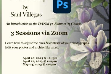Flyer with event details, photoshop logo. Text over background of purple and white flowers with green leaves