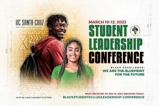 BSCU leadership conference poster with event information and illustration of two black students