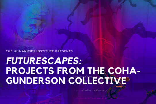 Promotional image for Futurescapes show; background image of a projection from an art installation with faces emerging from a wooded shadow landscape