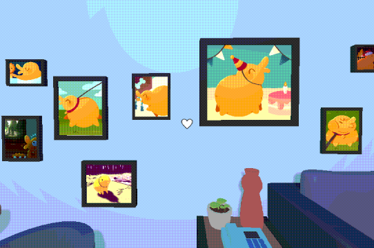 Screenshot from game Buddytale with framed pictures of the main character on a wall