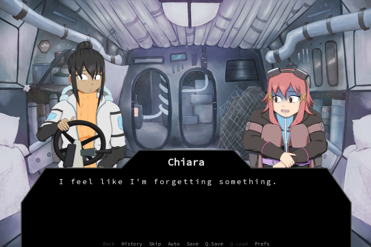 Screenshot of two characters piloting a vehicle in the game Tracks in Snow